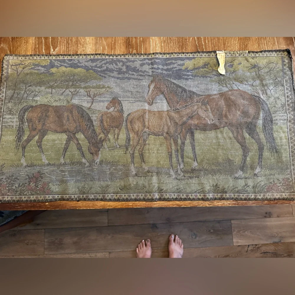 Vintage ITALIAN Velvet WILD HORSES Equine WALL Hanging TAPESTRY Rug MCM Italy